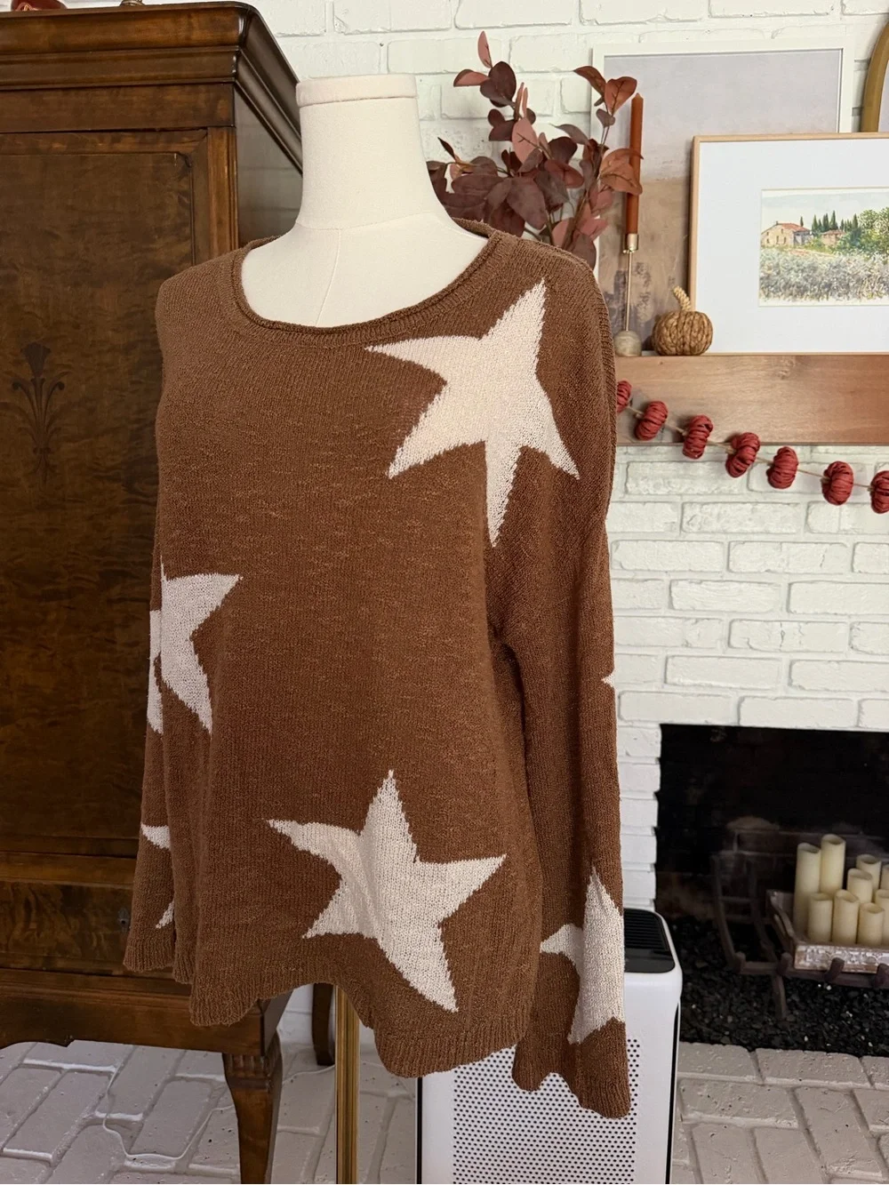 Altar'd State Brown Star Crewneck Sweater with Cream Stars
